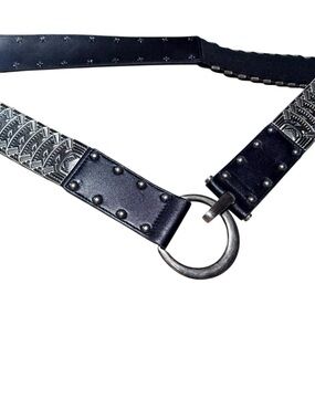 Studded Black Leather Waist Belt with Silver Embossed Panels western XL